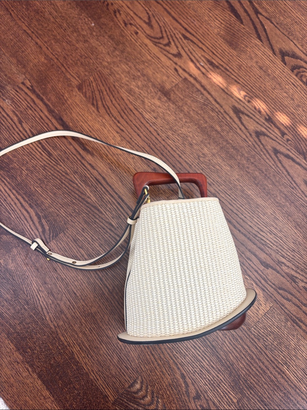 Cream Woven Crossbody Bag with Wood Handle